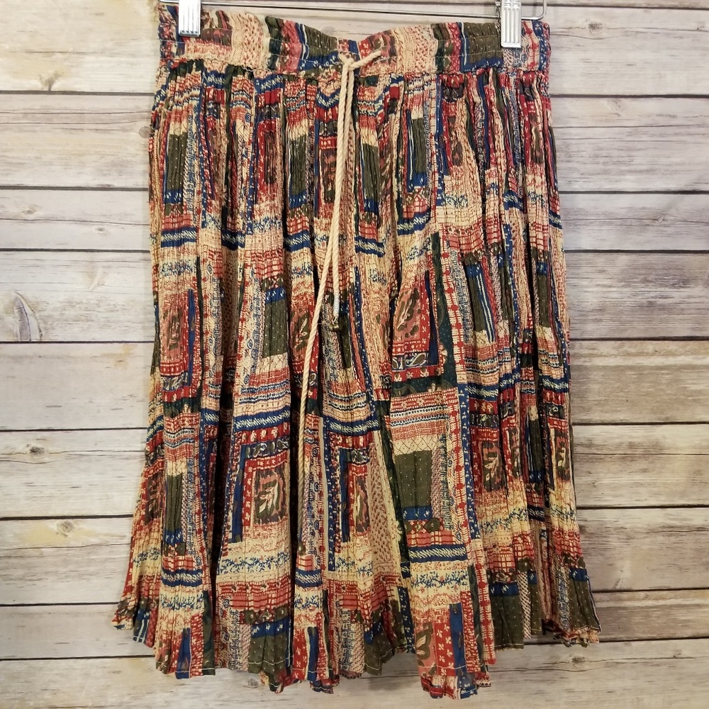 Vintage Vtg ❤ Boho Leaf Print Drawstring Skirt